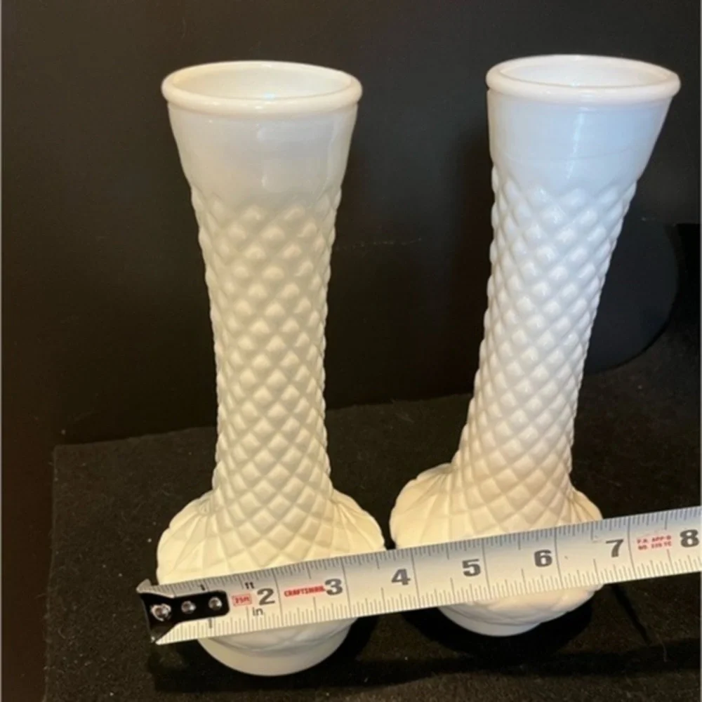 Vintage Diamond Patterned Milk Glass Vases Set of Two